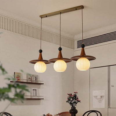 Moderne Mid-Century Massivholz Glas Kugelschirm 1/3-Licht Kronleuchter Insellicht für Wohnzimmer 