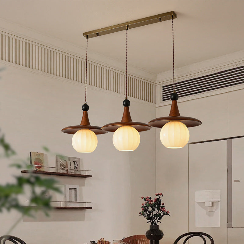 Moderne Mid-Century Massivholz Glas Kugelschirm 1/3-Licht Kronleuchter Insellicht für Wohnzimmer 