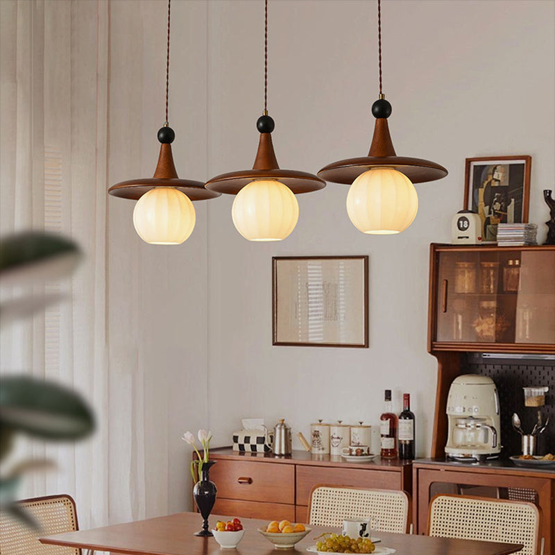 Moderne Mid-Century Massivholz Glas Kugelschirm 1/3-Licht Kronleuchter Insellicht für Wohnzimmer 