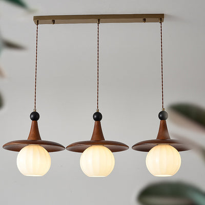 Moderne Mid-Century Massivholz Glas Kugelschirm 1/3-Licht Kronleuchter Insellicht für Wohnzimmer 