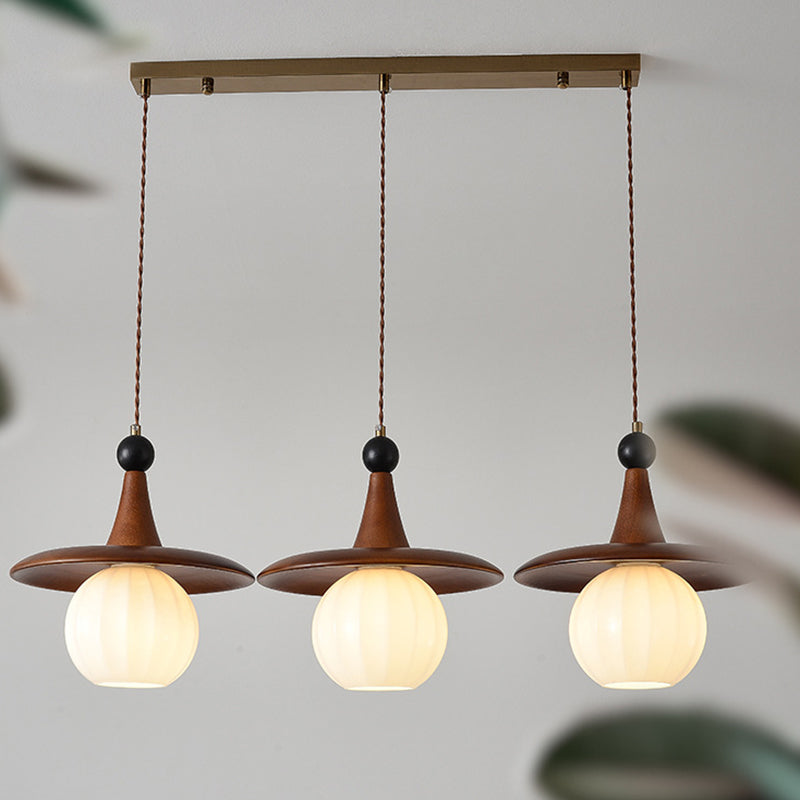 Moderne Mid-Century Massivholz Glas Kugelschirm 1/3-Licht Kronleuchter Insellicht für Wohnzimmer 