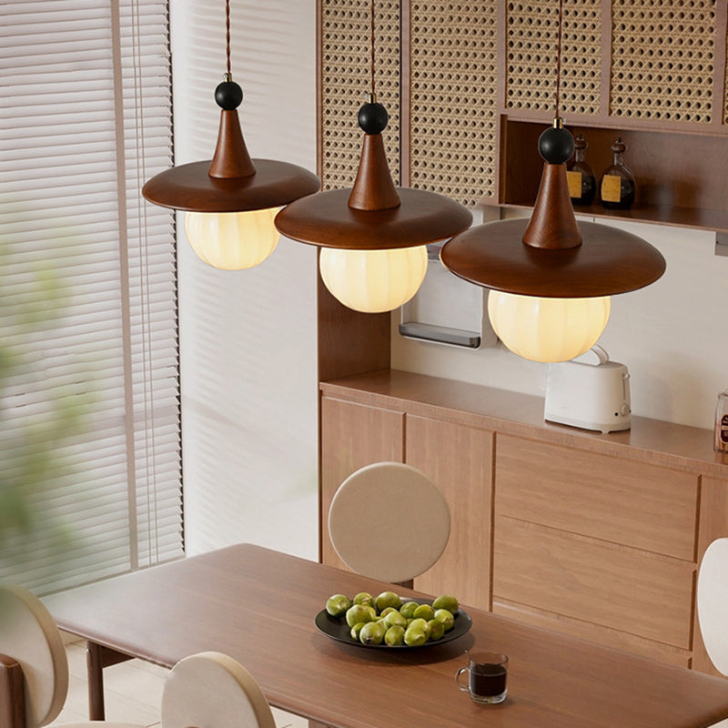 Moderne Mid-Century Massivholz Glas Kugelschirm 1/3-Licht Kronleuchter Insellicht für Wohnzimmer 