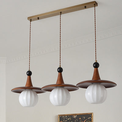 Moderne Mid-Century Massivholz Glas Kugelschirm 1/3-Licht Kronleuchter Insellicht für Wohnzimmer 