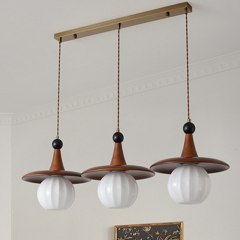 Moderne Mid-Century Massivholz Glas Kugelschirm 1/3-Licht Kronleuchter Insellicht für Wohnzimmer 