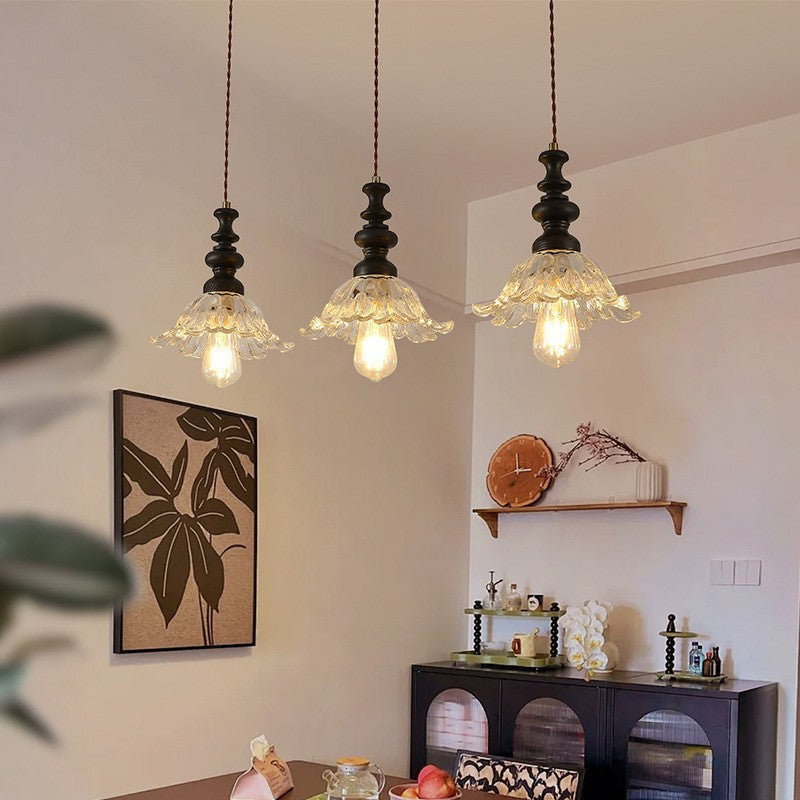 Traditional French Solid Wood Floral Glass Shade 1/3-Light Chandelier Island Light For Living Room