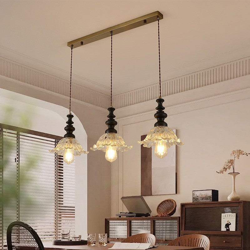 Traditional French Solid Wood Floral Glass Shade 1/3-Light Chandelier Island Light For Living Room