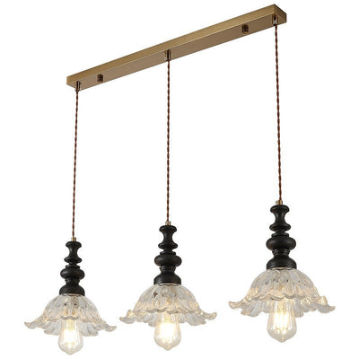 Traditional French Solid Wood Floral Glass Shade 1/3-Light Chandelier Island Light For Living Room