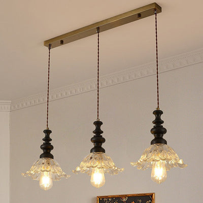 Traditional French Solid Wood Floral Glass Shade 1/3-Light Chandelier Island Light For Living Room