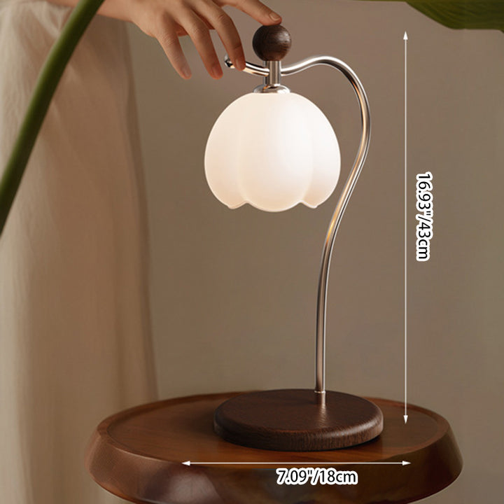 Traditional French Flower Bud Glass Shade Wood Iron LED Table Lamp For Bedroom
