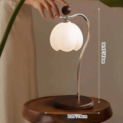 Traditional French Flower Bud Glass Shade Wood Iron LED Table Lamp For Bedroom