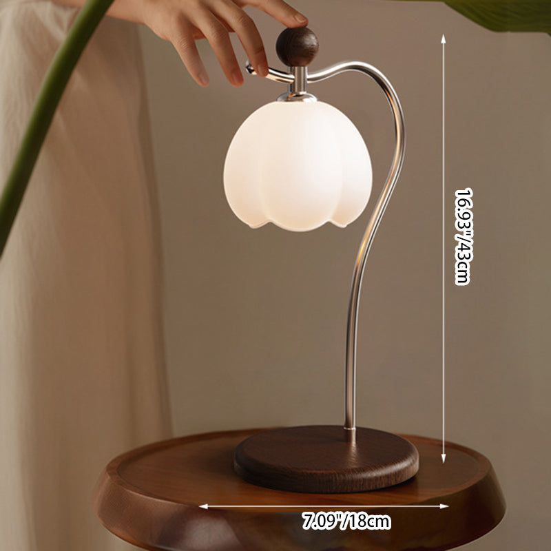 Traditional French Flower Bud Glass Shade Wood Iron LED Table Lamp For Bedroom