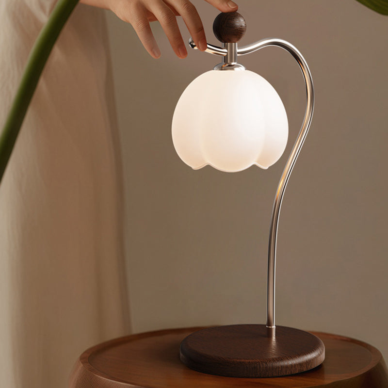 Traditional French Flower Bud Glass Shade Wood Iron LED Table Lamp For Bedroom