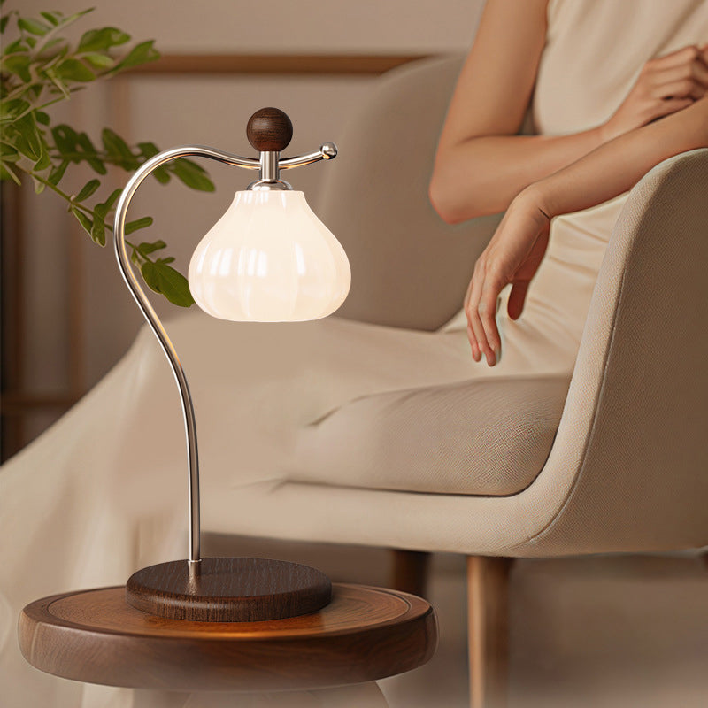 Traditional French Flower Bud Glass Shade Wood Iron LED Table Lamp For Bedroom