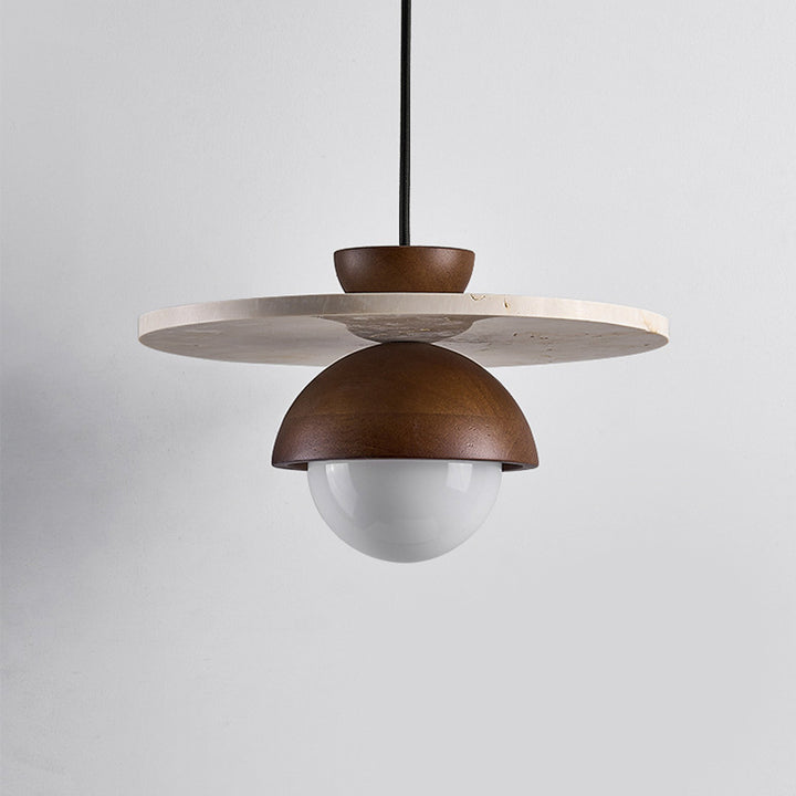 Traditional Japanese Travertine Glass Ball Shade Solid Wood 1-Light Pendant Light For Living Room