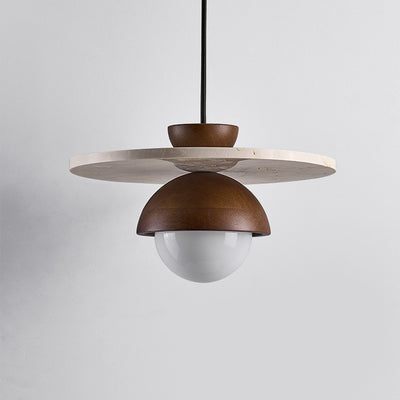 Traditional Japanese Travertine Glass Ball Shade Solid Wood 1-Light Pendant Light For Living Room