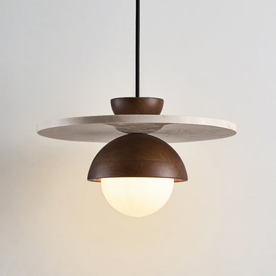 Traditional Japanese Travertine Glass Ball Shade Solid Wood 1-Light Pendant Light For Living Room
