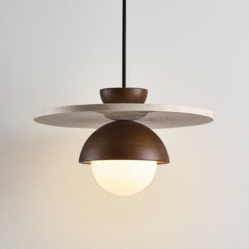 Traditional Japanese Travertine Glass Ball Shade Solid Wood 1-Light Pendant Light For Living Room