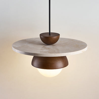 Traditional Japanese Travertine Glass Ball Shade Solid Wood 1-Light Pendant Light For Living Room