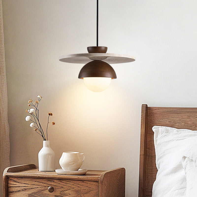 Traditional Japanese Travertine Glass Ball Shade Solid Wood 1-Light Pendant Light For Living Room