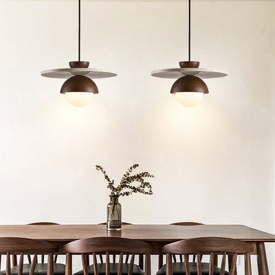 Traditional Japanese Travertine Glass Ball Shade Solid Wood 1-Light Pendant Light For Living Room