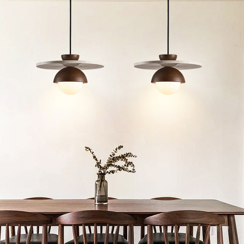 Traditional Japanese Travertine Glass Ball Shade Solid Wood 1-Light Pendant Light For Living Room