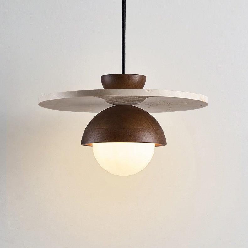 Traditional Japanese Travertine Glass Ball Shade Solid Wood 1-Light Pendant Light For Living Room