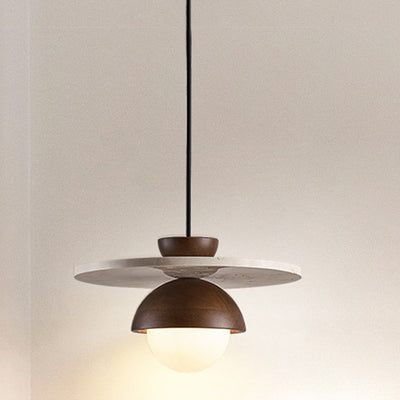 Traditional Japanese Travertine Glass Ball Shade Solid Wood 1-Light Pendant Light For Living Room