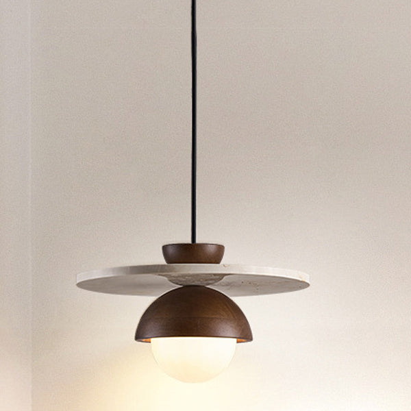 Traditional Japanese Travertine Glass Ball Shade Solid Wood 1-Light Pendant Light For Living Room