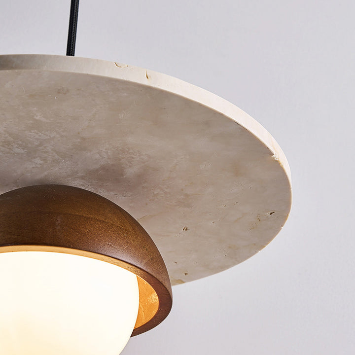 Traditional Japanese Travertine Glass Ball Shade Solid Wood 1-Light Pendant Light For Living Room