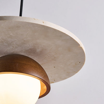 Traditional Japanese Travertine Glass Ball Shade Solid Wood 1-Light Pendant Light For Living Room