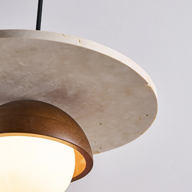 Traditional Japanese Travertine Glass Ball Shade Solid Wood 1-Light Pendant Light For Living Room