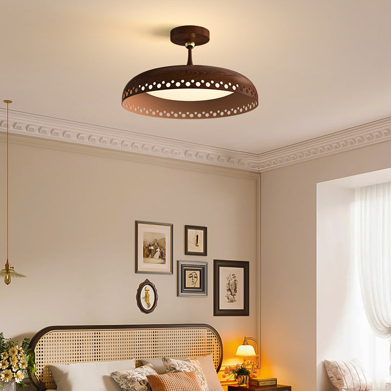Modern Transitional Iron Faux Woodgrain Acrylic Round LED Semi-Flush Mount Ceiling Light For Bedroom