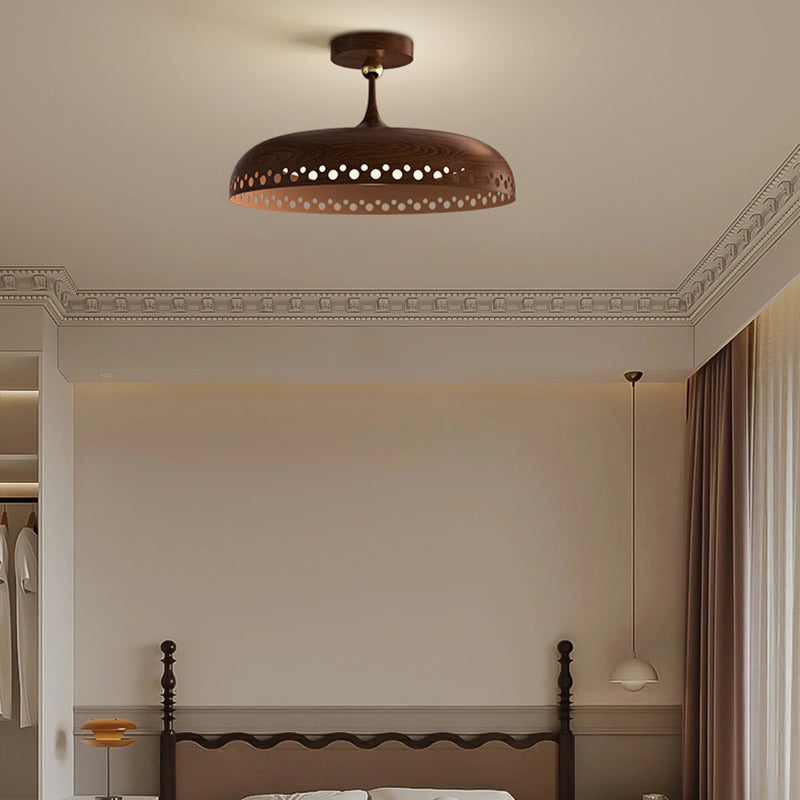 Modern Transitional Iron Faux Woodgrain Acrylic Round LED Semi-Flush Mount Ceiling Light For Bedroom