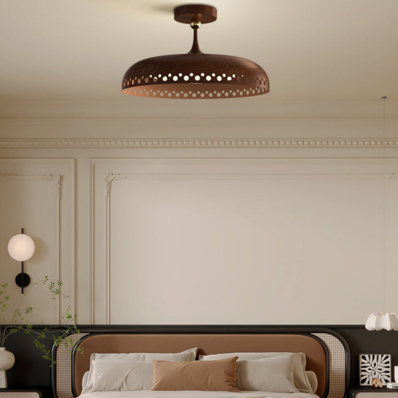 Modern Transitional Iron Faux Woodgrain Acrylic Round LED Semi-Flush Mount Ceiling Light For Bedroom