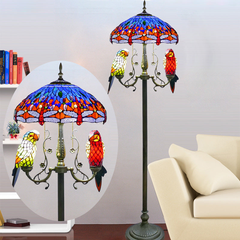Traditionelle Vintage-Stehlampe aus rundem Eisen und Buntglas mit 5 Lichtern für Schlafzimmer 