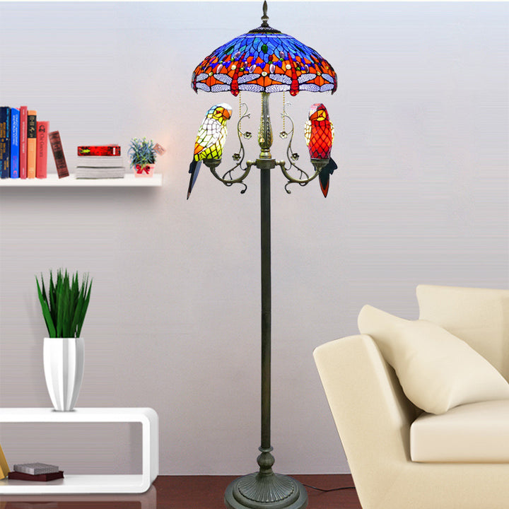 Traditionelle Vintage-Stehlampe aus rundem Eisen und Buntglas mit 5 Lichtern für Schlafzimmer 