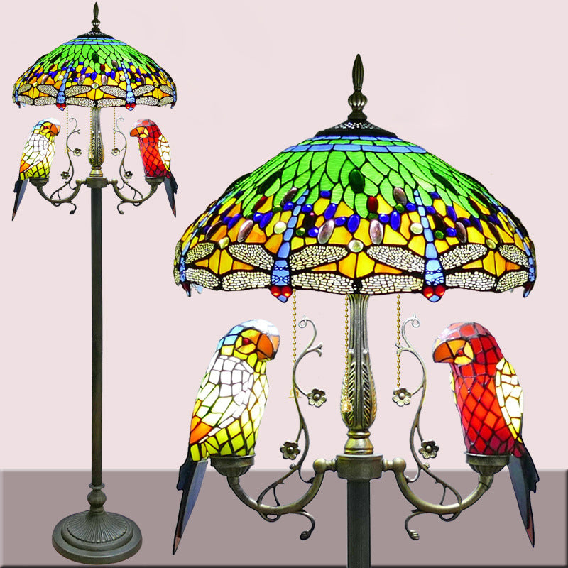 Traditionelle Vintage-Stehlampe aus rundem Eisen und Buntglas mit 5 Lichtern für Schlafzimmer 