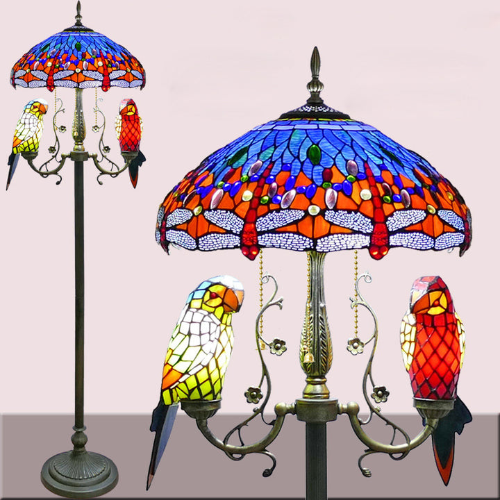 Traditionelle Vintage-Stehlampe aus rundem Eisen und Buntglas mit 5 Lichtern für Schlafzimmer 