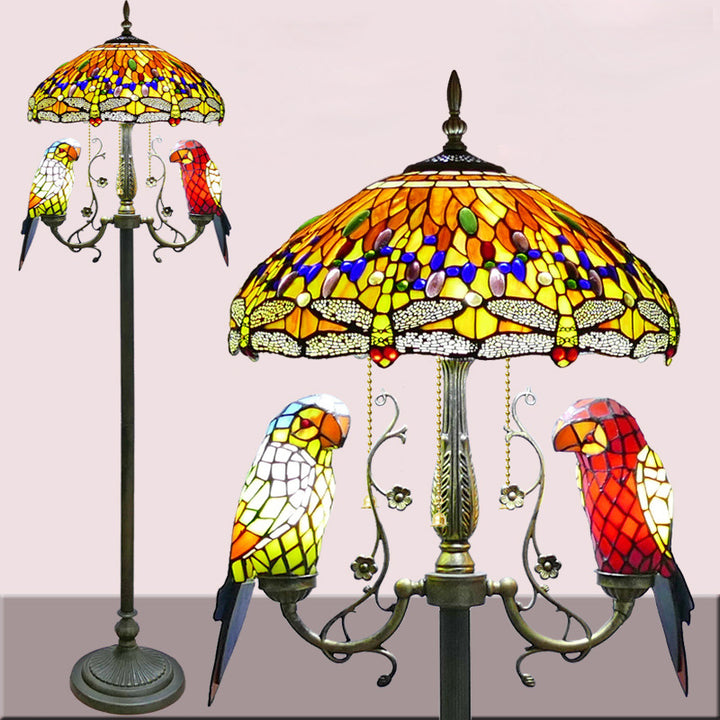 Traditionelle Vintage-Stehlampe aus rundem Eisen und Buntglas mit 5 Lichtern für Schlafzimmer 