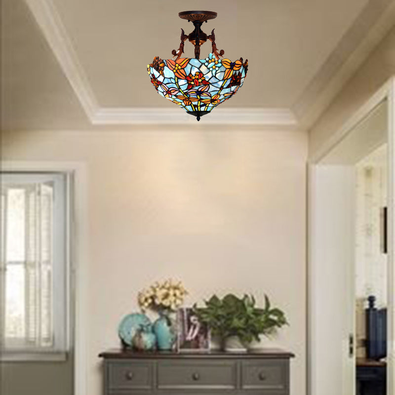 Luz de techo semiempotrada de 3 luces con vidrio teñido de hierro redondo tradicional Tiffany para dormitorio 
