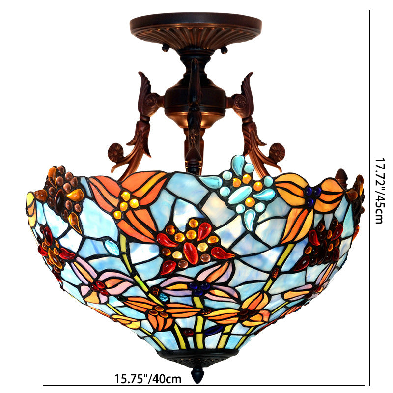 Luz de techo semiempotrada de 3 luces con vidrio teñido de hierro redondo tradicional Tiffany para dormitorio 