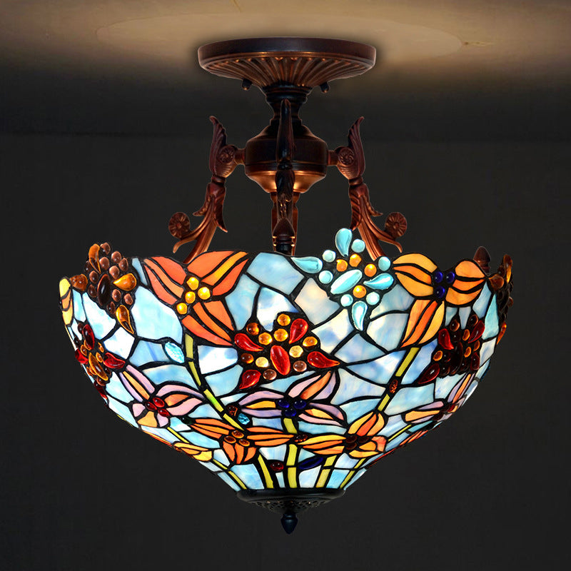 Luz de techo semiempotrada de 3 luces con vidrio teñido de hierro redondo tradicional Tiffany para dormitorio 
