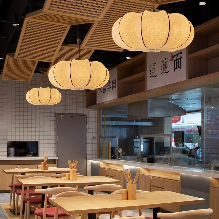 Lámpara colgante redonda japonesa tradicional Pumpkin de hierro y tela de 2/3 luces para sala de estar 
