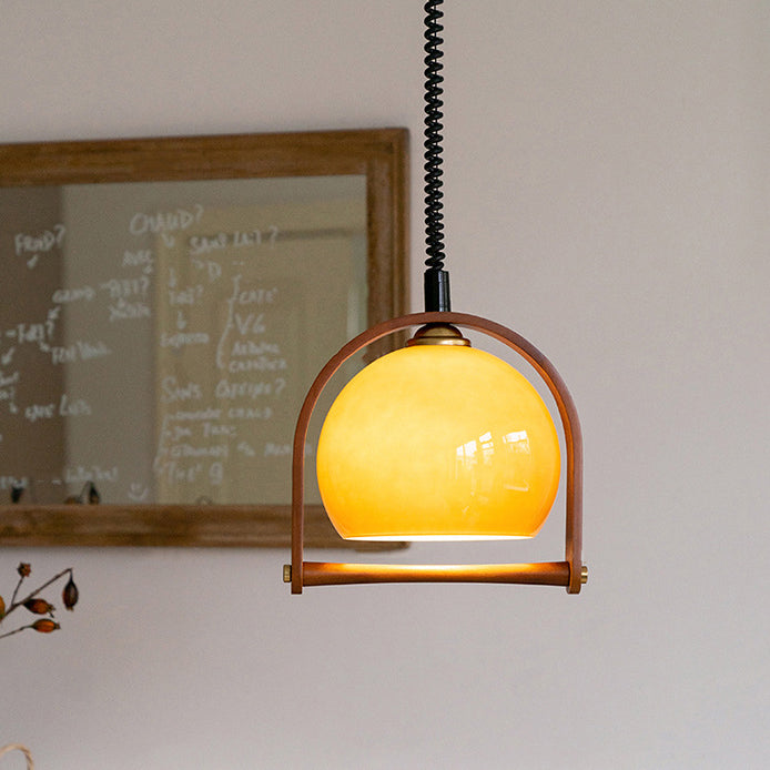 Moderne runde Pendelleuchte aus Holz und Glas im Mid-Century-Stil mit 1 Licht für Schlafzimmer 