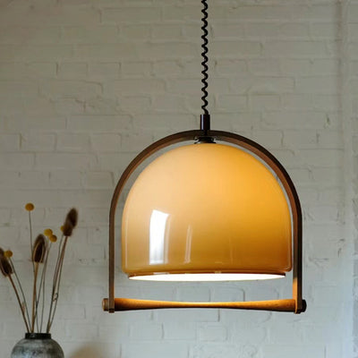 Moderne runde Pendelleuchte aus Holz und Glas im Mid-Century-Stil mit 1 Licht für Schlafzimmer 