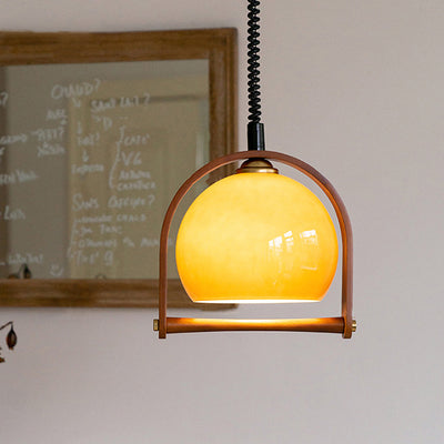 Moderne runde Pendelleuchte aus Holz und Glas im Mid-Century-Stil mit 1 Licht für Schlafzimmer 
