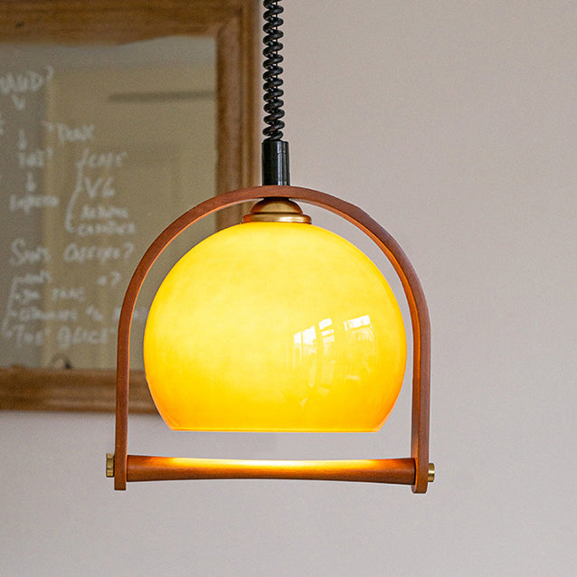 Moderne runde Pendelleuchte aus Holz und Glas im Mid-Century-Stil mit 1 Licht für Schlafzimmer 
