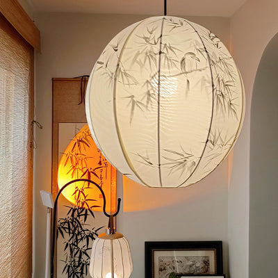 Suspension lumineuse 1 lumière en métal avec tissu rond traditionnel japonais pour salon 