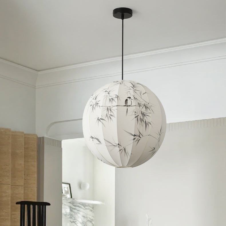 Suspension lumineuse 1 lumière en métal avec tissu rond traditionnel japonais pour salon 