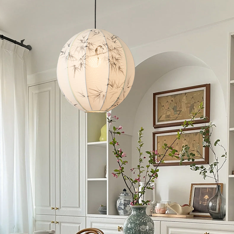 Suspension lumineuse 1 lumière en métal avec tissu rond traditionnel japonais pour salon 